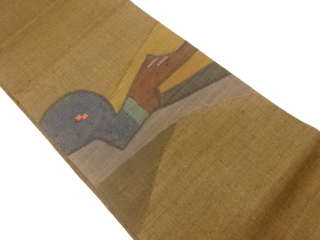 手織り紬抽象模様織出し洒落袋帯